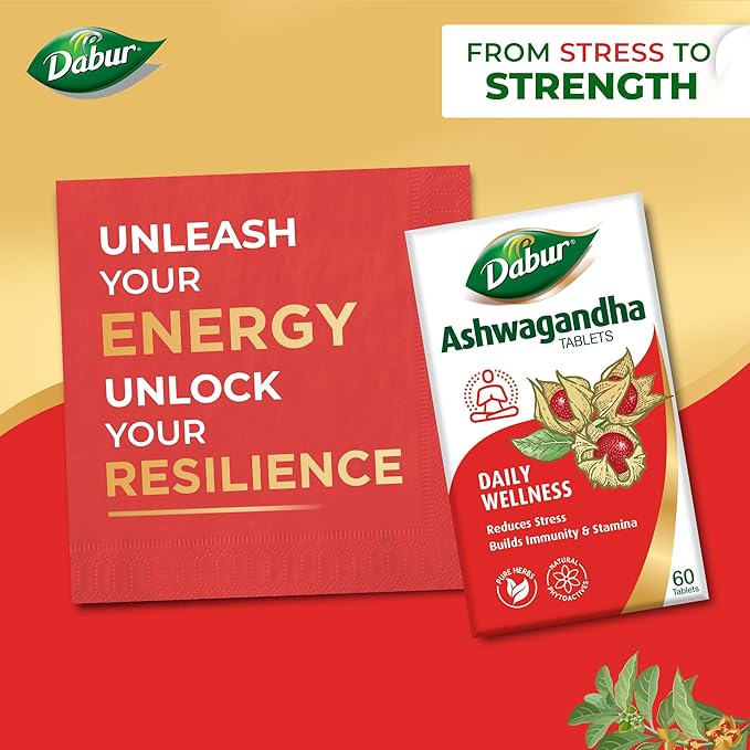 Dabur Ashwagandha Tablets - 60 tabs | General Wellness Tablets | Stress Relief | Rich in Antioxidants | Immunity Booster | Rich in Antioxidants | Rejuvenates Body (Pack of 2)