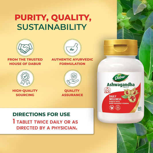Dabur Ashwagandha Tablets - 60 tabs | General Wellness Tablets | Stress Relief | Rich in Antioxidants | Immunity Booster | Rich in Antioxidants | Rejuvenates Body